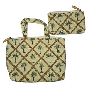 Palm Tree Quilted Cosmetic Bag Purse Set